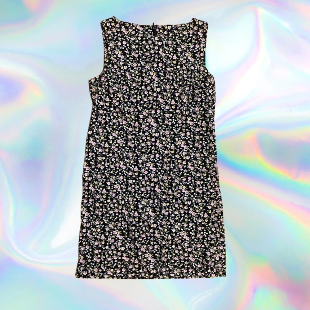 Vintage 90s Black Floral Print Sleeveless Fitted Mini Dress